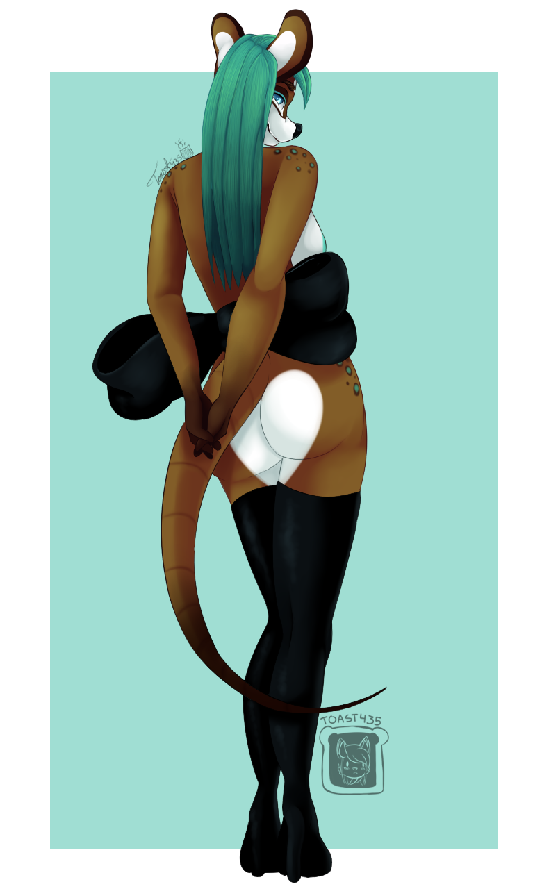 anthro back_bow big_butt biped butt clothed clothing exposed female footwear high_heels legwear long_legs nude pose pumps sash shoes shy solo stockings thigh_highs timid topless waist_bow toast435 may_(molliemare) mammal mouse murid murine rodent hi_res pinup