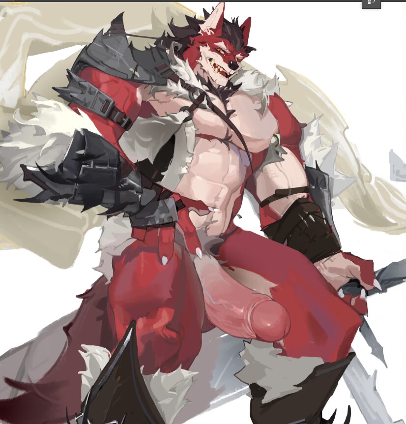 4_fingers abs anthro barazoku biceps big_muscles big_penis bottomless bottomless_anthro bottomless_male clothed clothing countershade_fur countershading crotch_tuft curved_penis erection fingers fur genitals glans grey_crotch_tuft head_tuft huge_muscles huge_penis humanoid_genitalia humanoid_penis male mature_male muscular muscular_anthro muscular_male pecs penis red_body red_eyes red_fur solo thick_penis tuft vein veiny_penis white_body white_countershading white_fur avacyn7 canid canine canis mammal wolf