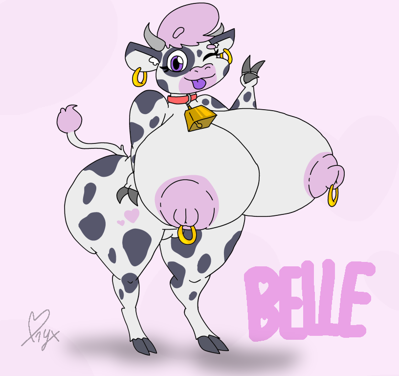 animal_print anthro areola big_breasts big_butt big_nipples breasts butt collar cow_print cowbell ear_piercing female fingers genitals gesture hand_gesture hooved_fingers hooves horn huge_breasts huge_butt hyper hyper_breasts nipple_piercing nipple_ring nipples one_eye_closed piercing pink_areola pink_nipples purple_eyes purple_tongue pussy ring_piercing solo thick_thighs tongue v_sign wide_hips wink onyx666 belle_(onyx666) bovid bovine cattle mammal