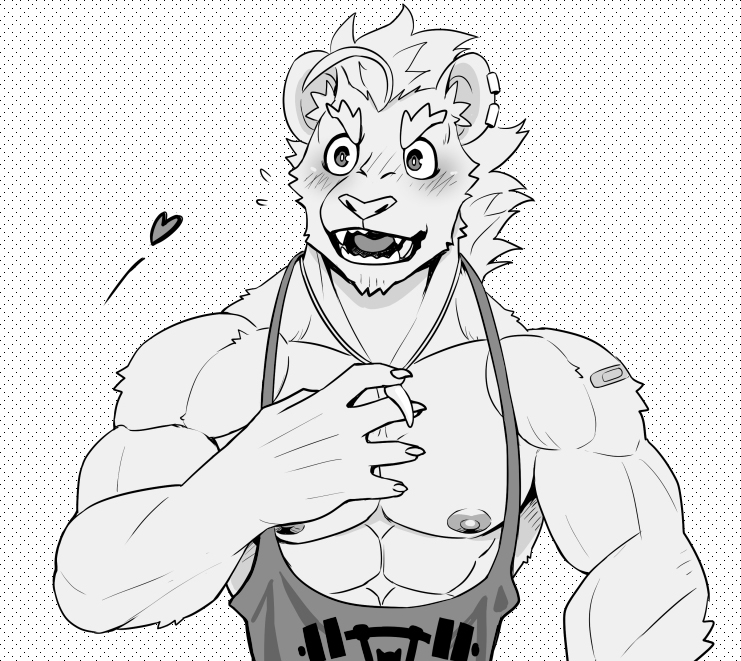 5_fingers age_progression anthro areola biceps blush blush_lines claws eyebrows fingers hair inner_ear_fluff male muscular muscular_anthro muscular_male nipples open_mouth pecs solo tuft mumu202 mumu_(mumu202) felid lion mammal pantherine monochrome