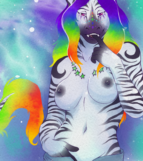 anthro breasts clothed clothing fangs female hair jewelry looking_at_viewer multicolored_hair navel necklace nipples pondering rainbow rainbow_hair solo stripes teeth topless undressing snowroserivenstar anailaigh equid equine mammal zebra