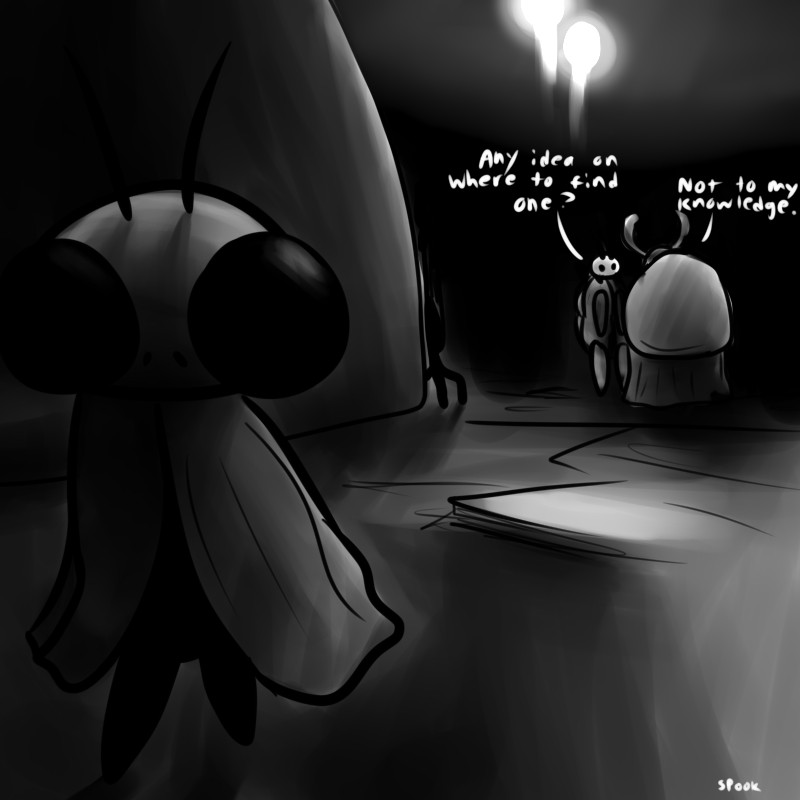 2_horns ambiguous_gender antennae_(anatomy) biped black_eyes cloak clothed clothing dialogue group horn male outside question_mark standing street_lamp talking_to_another text trio white_text skeletorskeletonized hollow_knight team_cherry bretta_(hollow_knight) elderbug_(hollow_knight) sly_(hollow_knight) arthropod beetle insect 1:1 2020 comic digital_media_(artwork) end_page english_text greyscale monochrome