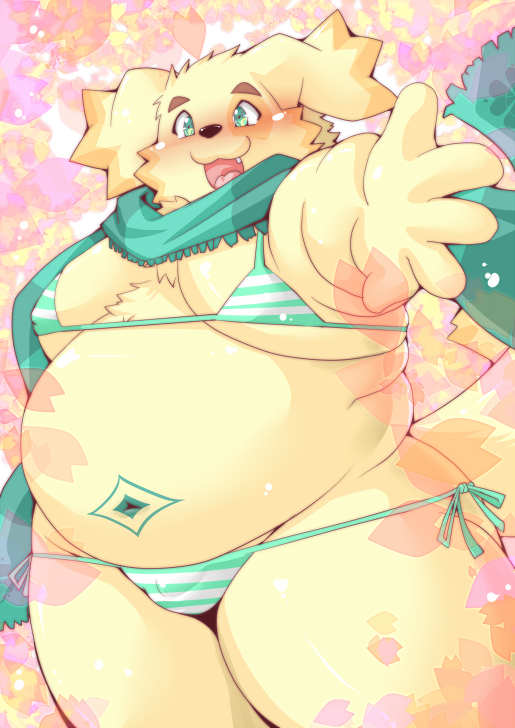 anthro belly bikini blush bulge clothed clothing crossdressing male moobs navel overweight overweight_anthro overweight_male solo swimwear two-piece_swimsuit tomoyamaru lifewonders tokyo_afterschool_summoners cu_sith_(tas) bird_dog canid canine canis domestic_dog golden_retriever hunting_dog mammal retriever