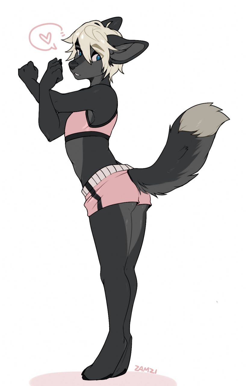 5_fingers anthro athletic_wear barefoot black_claws black_nails black_nose black_pawpads blonde_hair blue_eyes bottomwear bra butt claws clothed clothing colored_nails cowlick crossed_arms digitigrade dipstick_tail eyebrow_through_hair eyebrows feet femboy fingers fully_clothed fur grey_body grey_fur hair hair_over_eye heart_symbol inner_ear_fluff looking_back male markings nails one_eye_obstructed pawpads pose raised_arms short_hair shorts simple_background solo speech_bubble sports_bra standing stretching tail tail_markings toes translucent translucent_hair tuft underwear white_background zamzi avery_(itsmythos) canid canine fox mammal digital_media_(artwork) hi_res signature