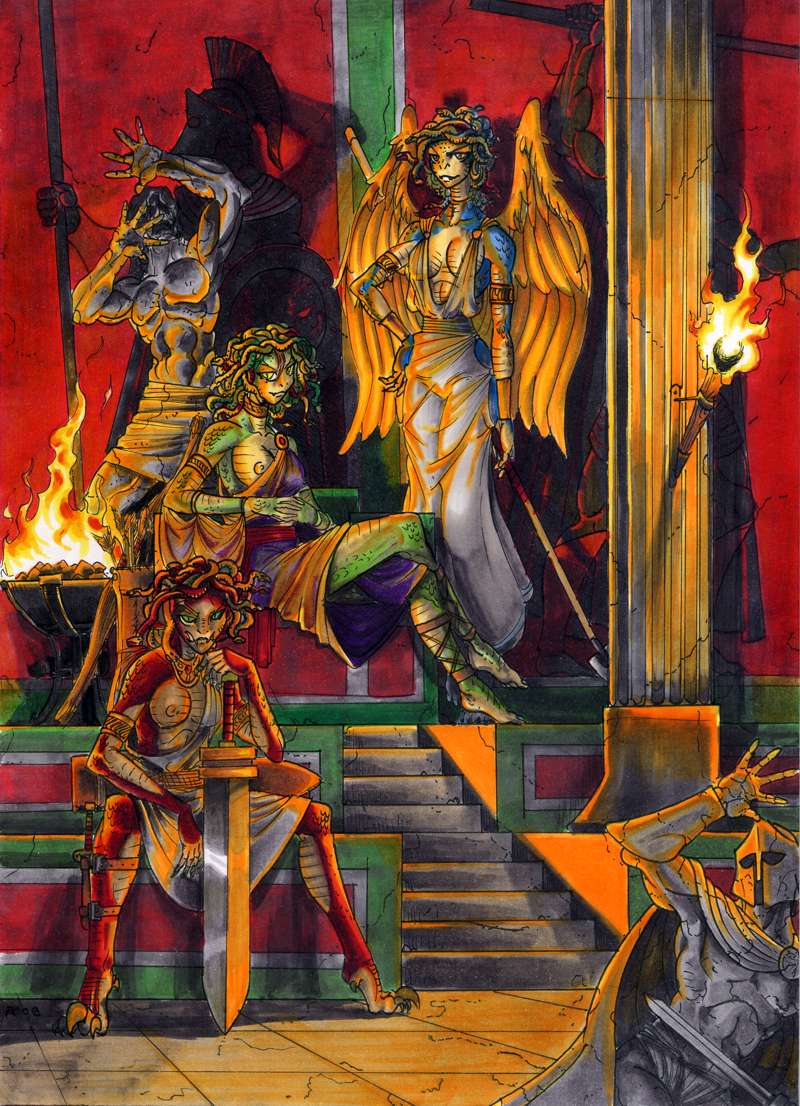 brazier breasts feathered_wings feathers female fire group looking_at_viewer mace melee_weapon nipples rock sculpture statue sword torch weapon wings g1d4n european_mythology greek_mythology mythology medusa animal_humanoid gorgon humanoid reptile reptile_humanoid scalie scalie_humanoid snake snake_humanoid warm_colors