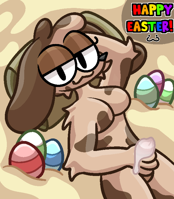 :3 anthro bodily_fluids breasts cum cum_on_hand cum_on_penis easter_egg egg fur genital_fluids genitals gynomorph holidays intersex looking_at_viewer lying markings masturbation multicolored_body multicolored_fur on_back penile penile_masturbation penis pillow solo spots spotted_markings tan_body tan_fur text velixx easter lagomorph leporid mammal rabbit