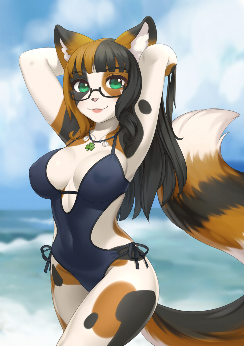 anthro beach black_body black_fur black_hair breasts clothing eyewear female fur glasses hair jewelry mottled multicolored_hair necklace nipple_outline one-piece_swimsuit orange_body orange_fur orange_hair piebald seaside side-tie_swimsuit side_boob side_cutout sideless_swimsuit solo swimwear white_body white_fur wide_hips cristalavi melody_(mellybyte) calico_cat domestic_cat felid feline felis mammal hi_res