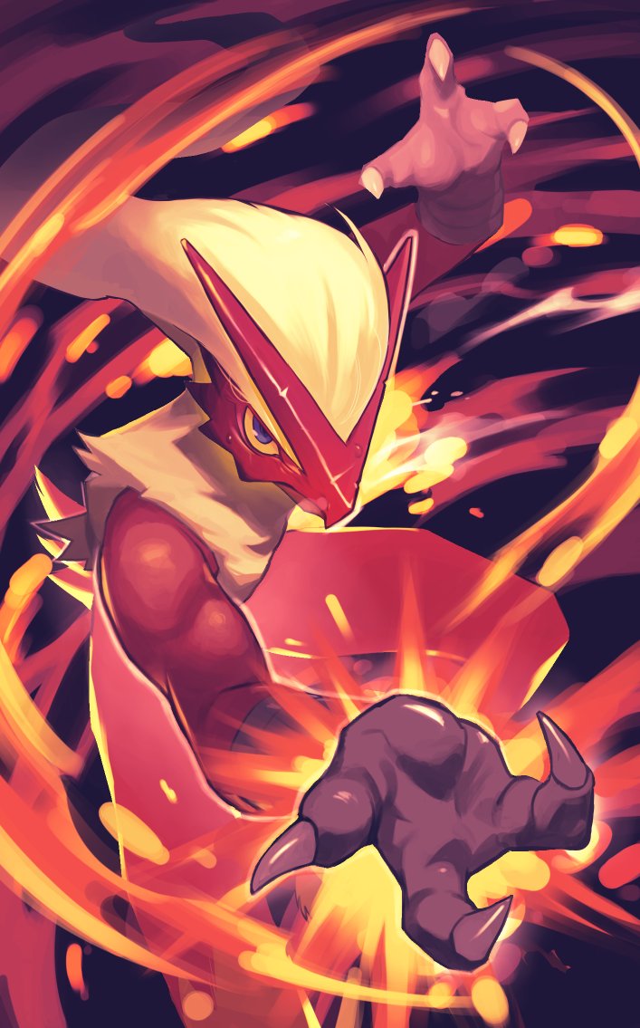 3_fingers ambiguous_gender anthro beak black_background blue_eyes bodily_fluids claws fighting_pose fingers fire looking_at_viewer pose red_beak red_body red_skin simple_background solo sweat gyu_hydrogen nintendo pokemon avian bird blaziken generation_3_pokemon pokemon_(species) 2021