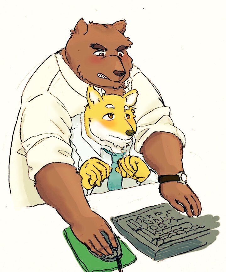 anthro blush brown_body brown_fur clothing duo fur humanoid_hands kemono male necktie overweight overweight_male shirt topwear yellow_body yellow_fur rentcg bear canid canine mammal 2016