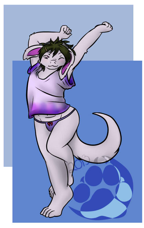 ambiguous_gender anthro barefoot biped bottomless broken_horn clothed clothing feet fur hair horn one_eye_closed panties pose simple_background smile solo standing stinger underwear wink oriondreams alien jaggard 2013