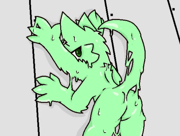 4_arms alternate_color alternate_form ambiguous_gender anthro bott gloomy_canine green_body green_eyes green_goo melting multi_arm multi_limb solo wall_(structure) glum_type_7023 changed_(video_game) canid goo_creature mammal