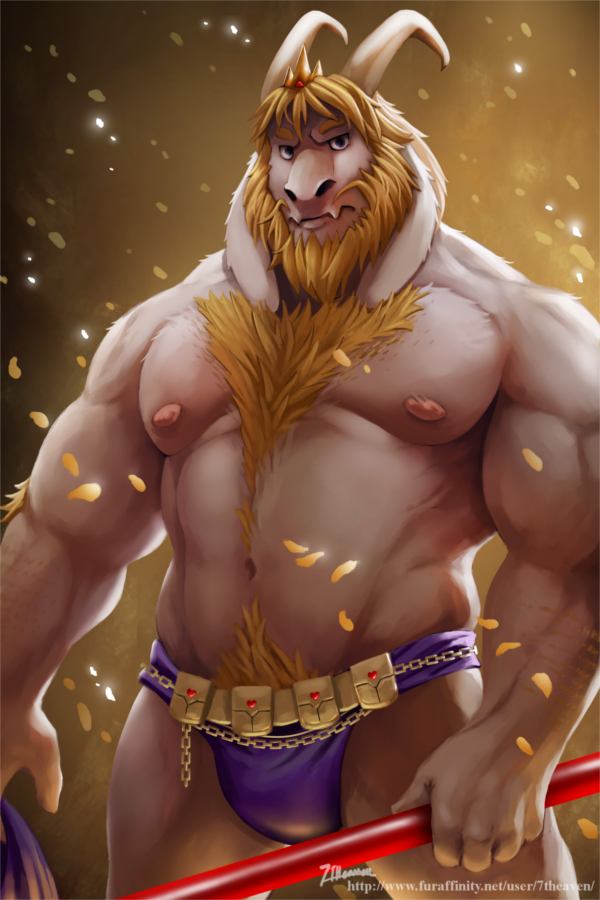 abs angry anthro arm_hair arm_tuft beard belt biceps blonde_hair body_hair bulge chest_hair clothed clothing crown elbow_tuft facial_hair fangs forearm_hair forearms gold_belt hair happy_trail headgear horn long_ears looking_at_viewer male manly mature_male muscular muscular_male navel nipples pecs pubes solo standing teeth triceps tuft underwear underwear_only 7theaven undertale undertale_(series) asgore_dreemurr boss_monster_(undertale) bovid caprine mammal 2017 2:3