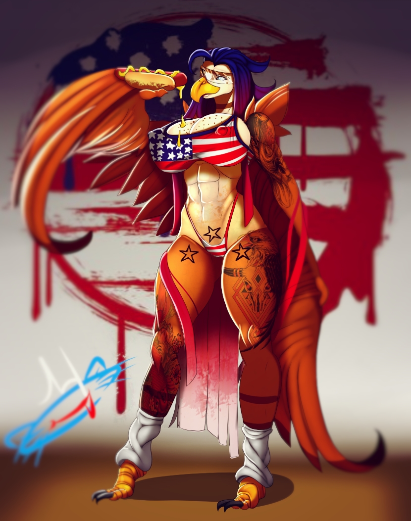 abs american_flag american_flag_bikini anthro big_breasts bikini breasts clothed clothing curvy_figure eyewear female flag flag_background flag_bikini flag_clothing flag_print flag_swimwear food glasses half-closed_eyes hot_dog huge_breasts muscular muscular_anthro muscular_female narrowed_eyes nipple_outline non-mammal_breasts pose print_bikini print_clothing print_swimwear simple_background smile solo standing swimwear tattoo thick_thighs thigh_gap two-piece_swimsuit united_states_of_america voluptuous wide_hips wings copycatz_(artist) american_eagle accipitrid accipitriform avian bald_eagle bird eagle sea_eagle full-length_portrait portrait