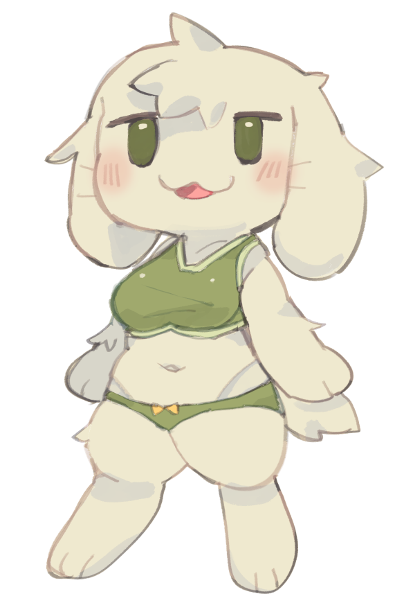 anthro blush bra breasts clothed clothing female fur green_clothing navel panties simple_background solo sports_bra underwear white_background white_body white_fur star-rod cave_story toroko lagomorph mammal mimiga