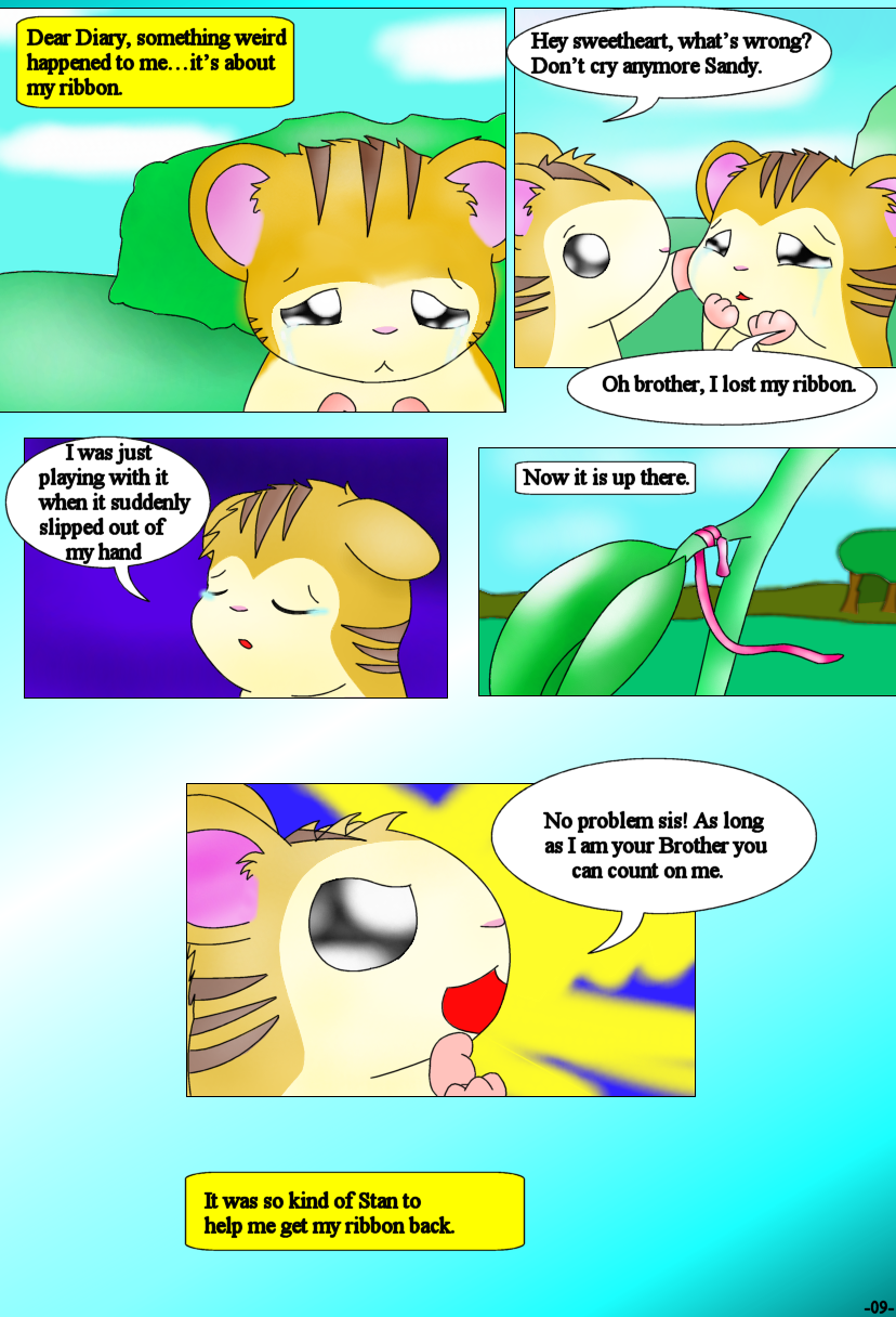 bodily_fluids dialogue female fur male open_mouth orange_body orange_fur outside ribbons striped_body striped_fur stripes tears text curby hamtaro_(series) sandy_(hamtaro) stan_(hamtaro) cricetid hamster mammal rodent comic english_text hi_res brother_(lore) brother_and_sister_(lore) sibling_(lore) sister_(lore) twins_(lore)