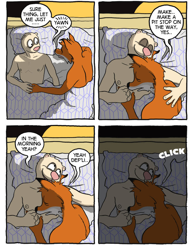 dialogue going_to_sleep head_on_chest male male/male nipples nude text h.v.lukas maustown george_(maustown) peter_(maustown) canid canine fox mammal mustelid polecat_(mustelid) comic english_text