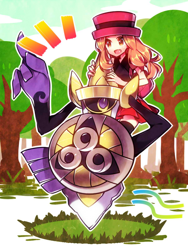 ambiguous_gender brown_eyes brown_hair carrying_another clothed clothing cloud day duo female grass hair hat headgear headwear leaf melee_weapon not_furry open_mouth outside plant purple_eyes shield sky smile sword tree weapon xx56su_x nintendo pokemon pokemon_trainer serena_(pokemon) aegislash animate_inanimate generation_6_pokemon human living_melee_weapon living_sword living_weapon mammal pokemon_(species) 2015