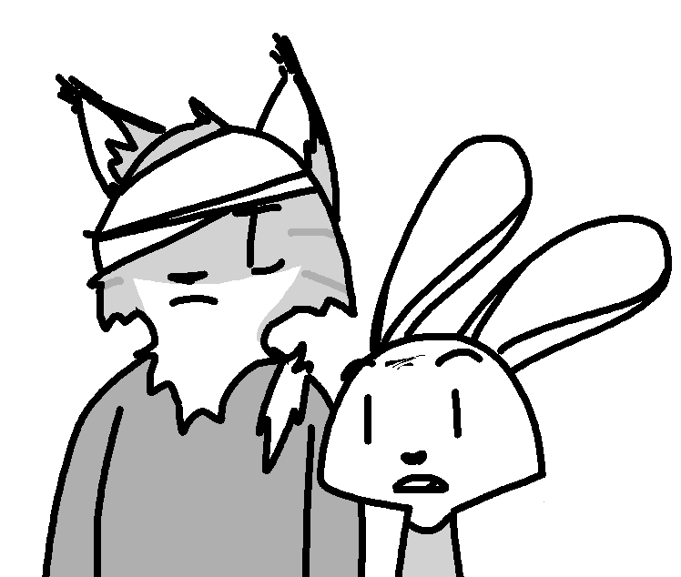 alternate_form anthro bandage clothing duo long_ears simple_background torn_clothing white_background the_weaver ruby_quest ruby_(rq) tom_(rq) felid feline felis lagomorph leporid mammal rabbit wildcat greyscale monochrome reaction_image