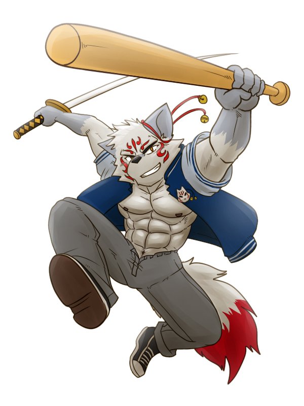 5_fingers abs anthro clothing fingers fur male muscular muscular_anthro muscular_male nipples pecs solo tattoo ryuu_majin canid canine mammal 2019 3:4 digital_media_(artwork)