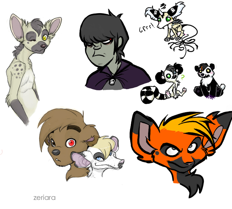 anthro black_hair blue_eyes duo female green_eyes grey_eyes hair heterochromia male red_eyes solo tail yellow_eyes zeriara gorillaz chival_(character) murdoc_niccals zeriara_(character) american_opossum bear domestic_cat felid feline felis giant_panda hybrid hyena lemur mammal marsupial primate spotted_hyena strepsirrhine virginia_opossum multiple_images