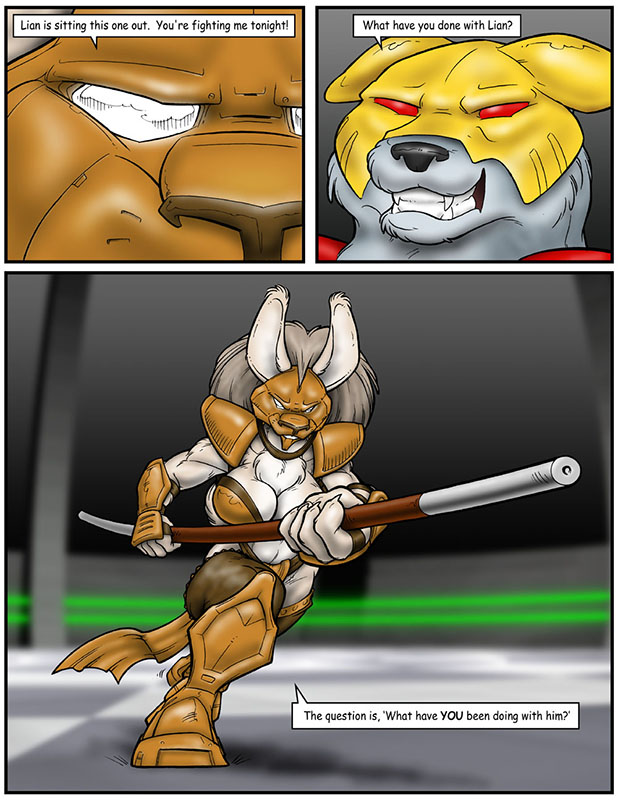 anthro armor bracers dialogue female fur grey_background grey_body grey_fur headgear helmet male mask melee_weapon pauldron polearm shin_guards simple_background staff tan_body tan_fur text weapon ferris wooky hitting_the_showers canid canine canis lagomorph leporid mammal rabbit wolf colored comic digital_media_(artwork) english_text