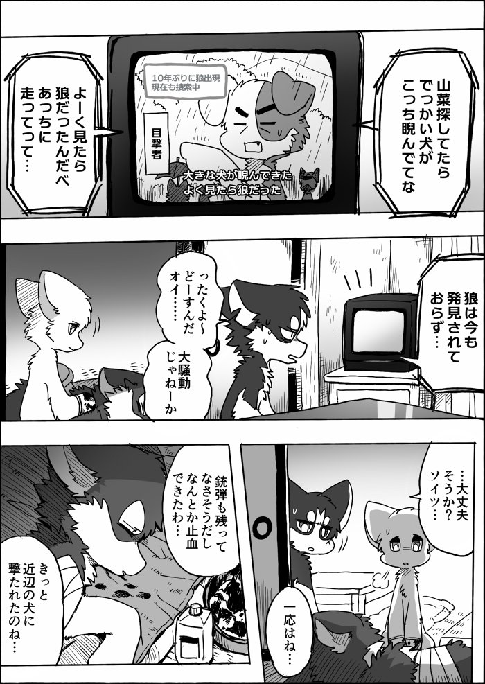 ambiguous_gender anthro bandage dialogue electronics feral first_aid_kit furniture inside kemono medical_instrument scientific_instrument simple_background television text ayaka a-chan fuuga mashiro canid canine canis domestic_dog husky hybrid mammal nordic_sled_dog spitz wolfdog comic japanese_text monochrome right_to_left translated