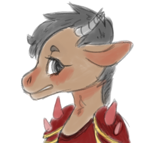 ambiguous_gender anthro armor blush broken_horn brown_body brown_fur chest_tuft clothed clothing fur grey_hair grey_horn hair horn open_mouth pauldron red_clothing red_topwear simple_background solo teeth topwear tuft white_background manitka manitka_storm bovid bovine cattle mammal 1:1 2019 digital_media_(artwork) low_res