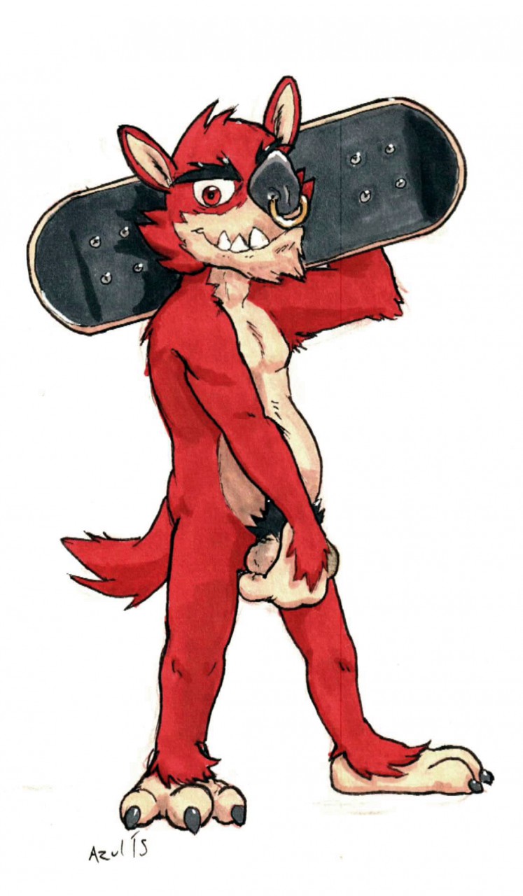 anthro balls facial_piercing genitals looking_at_viewer male nose_piercing nose_ring piercing ring_piercing simple_background skateboard slightly_chubby smile solo vehicle cobaltcerberus atlus go!_go!_hypergrind sega decker canid canine canis mammal wolf 2015 hi_res