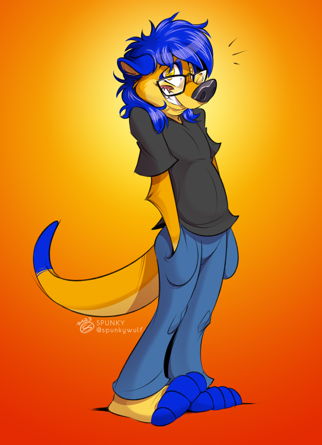 anthro blue_hair bottomwear clothing denim denim_bottomwear denim_clothing eyewear glasses grin hair jeans male nervous pants shirt smile solo t-shirt topwear yellow_eyes sheepish spunky_(artist) tigerthemeerkat herpestid mammal meerkat