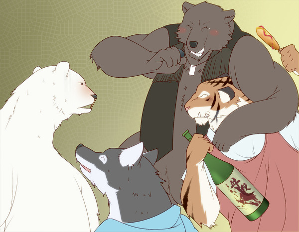 anthro black_nose blush brown_body clothing drunk grey_body group kemono male shirt substance_intoxication topwear shun1124 shirokuma_cafe grizzly_(shirokuma_cafe) okami_(shirokuma_cafe) shirokuma tora_(shirokuma_cafe) bear brown_bear canid canine canis felid grizzly_bear mammal pantherine polar_bear tiger ursine wolf 2013 unavailable_at_source