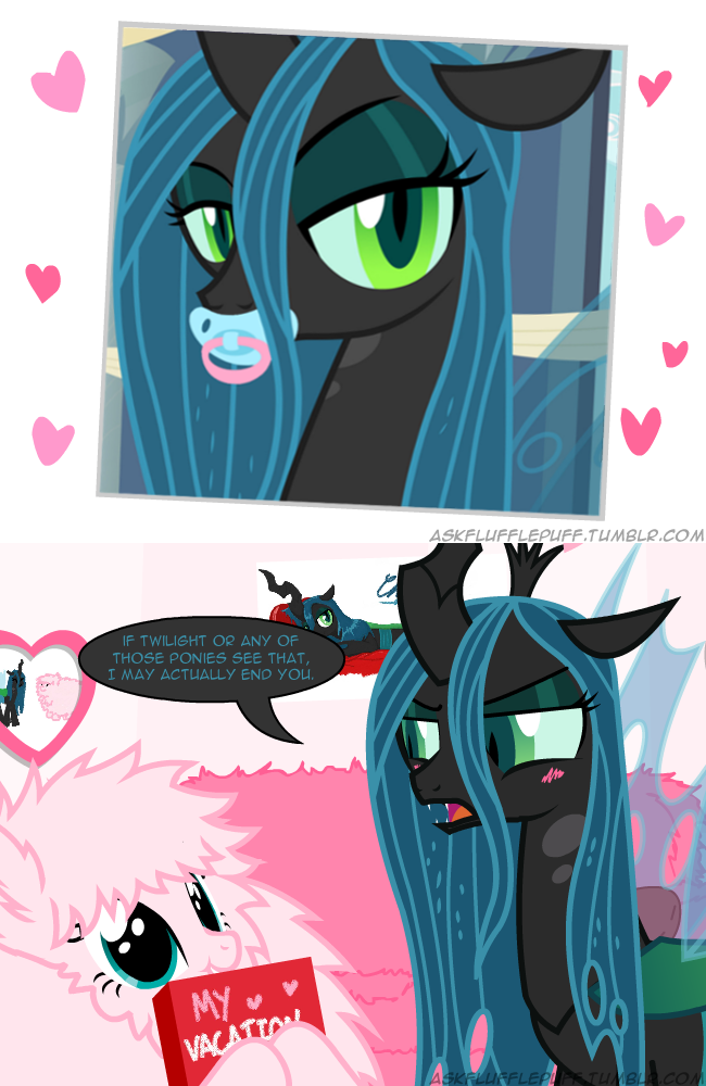 crown duo embarrassed female hair headgear horn insect_wings pacifier photo royalty secret text wings mixermike622 friendship_is_magic hasbro my_little_pony fan_character fluffle_puff queen_chrysalis_(mlp) arthropod changeling earth_pony equid equine horse mammal pony comic