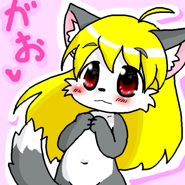 ahoge anthro belly black_nose blonde_hair blush breasts chibi collarbone female flat_chested fur grey_body grey_fur hair hands_together long_hair looking_up navel nude red_eyes small_breasts solo standing tail tail_between_legs text white_belly young young_anthro young_female annyui0611 futaba_channel akuma_gaoru canid canine canis mammal wolf 1:1 japanese_text