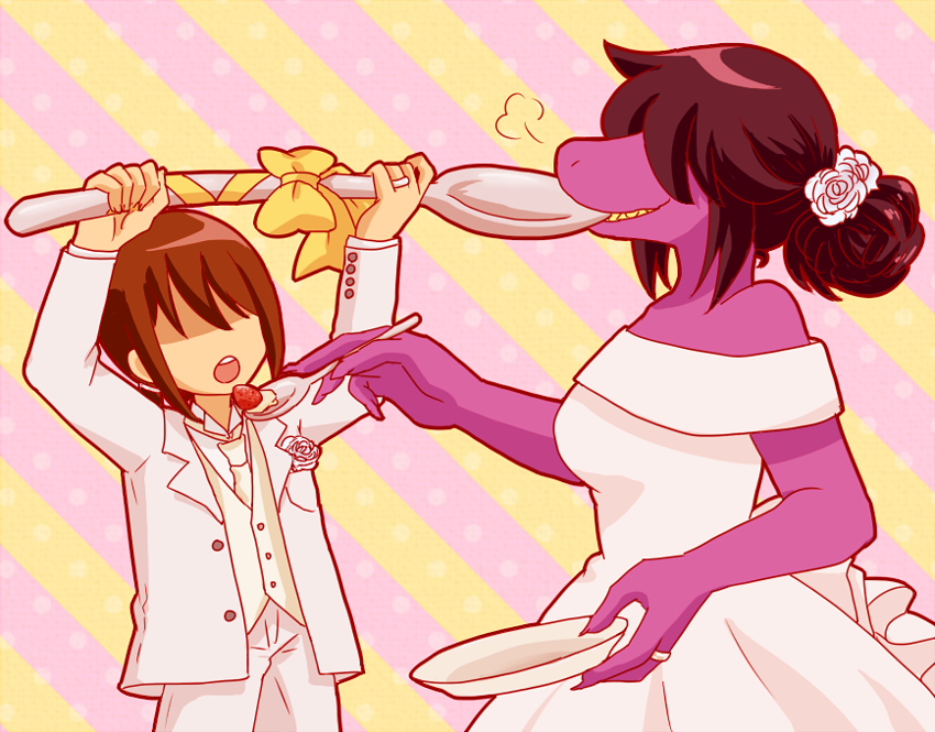 anthro breasts bride clothed clothing cutlery dress duo female food fruit groom kitchen_utensils male necktie open_mouth plant smile spoon spoon_in_mouth strawberry suit tools wedding_dress white_clothing white_dress white_suit walnut_(pixiv) deltarune undertale_(series) kris_(deltarune) susie_(deltarune) human mammal scalie