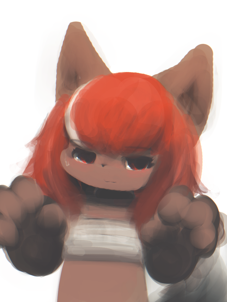 4_fingers anthro bangs black_lips black_nose bodily_fluids chest_wraps embarrassed eyelashes female female_anthro fingers grey_tail hair kemono lips long_hair pupils raised_hand red_body red_ears red_eyes red_hair solo standing sweat tail white_hair wraps hasukii mal_(hasukii) canid canine mammal 3:4