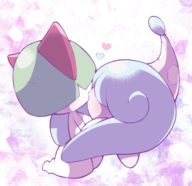 ambiguous_gender duo female female/ambiguous hair hair_over_eyes heart_symbol kissing pink_background simple_background minashirazu nintendo pokemon generation_3_pokemon generation_8_pokemon hatenna humanoid pokemon_(species) ralts waddling_head 2019