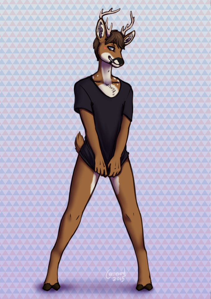 abstract_background anthro antlers biped black_clothing black_nose black_shirt black_topwear blue_eyes blush bottomless brown_body brown_fur brown_hair chest_tuft clothed clothing fur hair hooves horn looking_at_viewer male shirt simple_background smile solo standing topwear tuft canned_(artist) tzarious deer mammal new_world_deer white-tailed_deer 2015