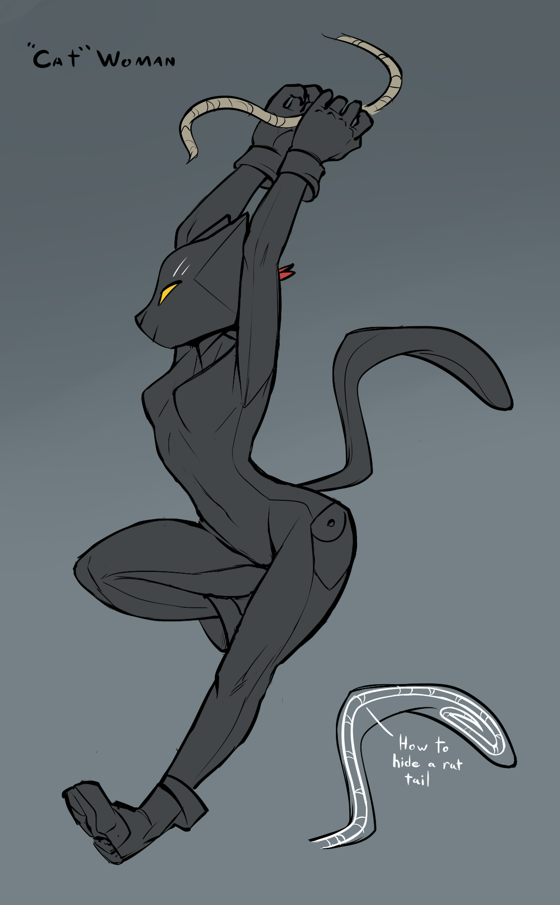 flat-colour art of "Cat"woman in the above-mentioned Anthro-cat suit. There's a see-through alt showing Selina's rat-tail hidden inside, curled up at the tip.