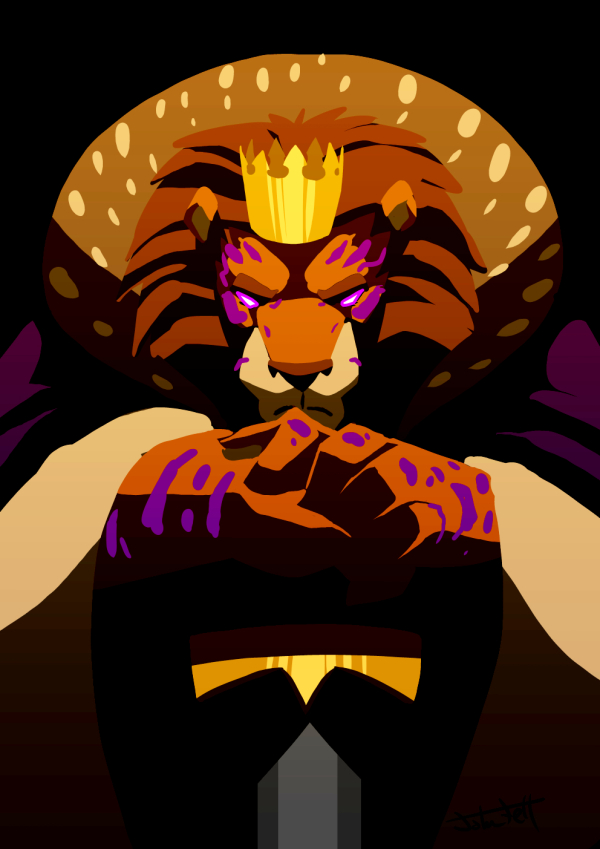 black_background clothed clothing corrupted crown frown fur headgear male markings melee_weapon orange_body orange_fur purple_eyes purple_markings simple_background sword weapon armello league_of_geeks the_king_(armello) felid lion mammal pantherine