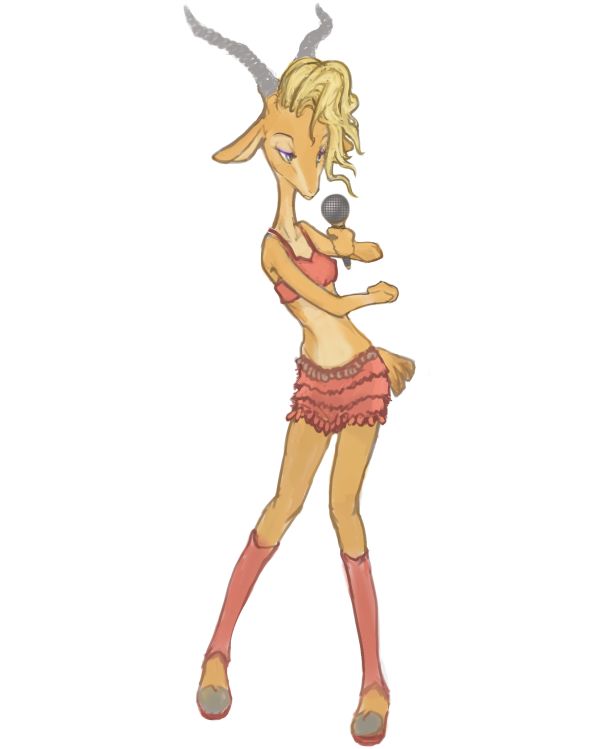 anthro blonde_hair electronics female fur hair holding_object horn long_neck microphone midriff simple_background solo conoghi disney zootopia gazelle_(zootopia) antelope bovid gazelle mammal 2016