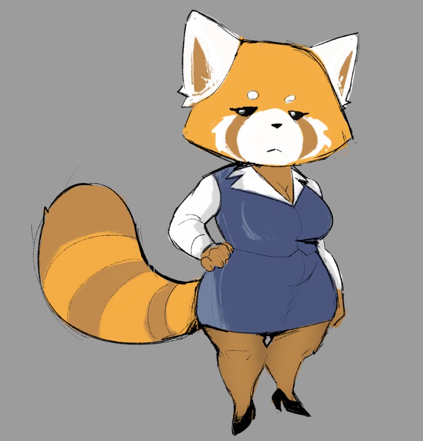 anthro breasts cleavage clothed clothing female grey_background hand_on_hip looking_at_viewer markings office_clothing orange_body ring_(marking) ringed_tail short_stack simple_background solo striped_markings striped_tail stripes tail tail_markings thick_thighs estebon89 aggretsuko sanrio retsuko ailurid mammal red_panda 2024 colored_sketch full-length_portrait portrait shaded sketch