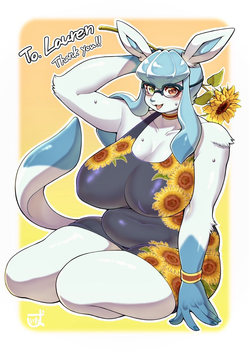 anthro anthrofied big_breasts blush breasts cleavage clothed clothing eyewear female glasses mature_female pokemorph solo nzuuure nintendo pokemon dragonteeth_(character) eeveelution generation_4_pokemon glaceon pokemon_(species)