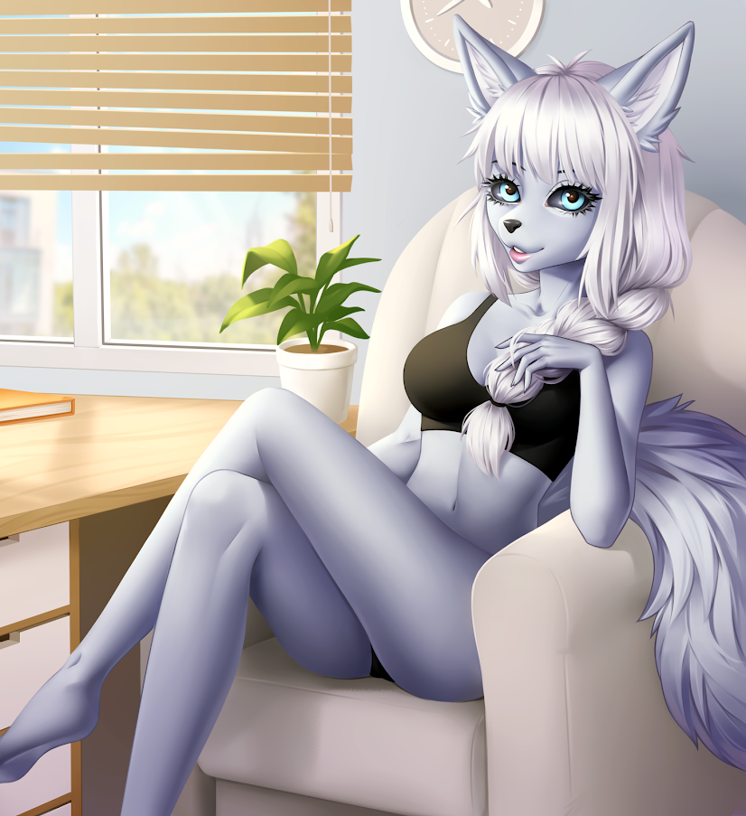 anthro chair crossed_legs desk female furniture hair hand_in_hair lips plant ponytail solo table touching_hair white_hair credow alice_destiny arctic_fox canid canine fox mammal true_fox