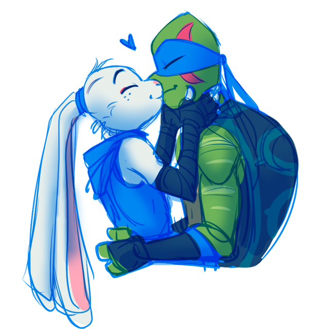 anthro anthro_on_anthro clothing duo eyes_closed fur green_body heart_symbol hoodie kerchief kissing male male/male topwear white_body white_fur unknownplants rise_of_the_teenage_mutant_ninja_turtles teenage_mutant_ninja_turtles usagi_yojimbo leonardo_(tmnt) miyamoto_usagi lagomorph leporid mammal pond_slider rabbit red-eared_terrapin reptile scalie terrapin turtle 1:1