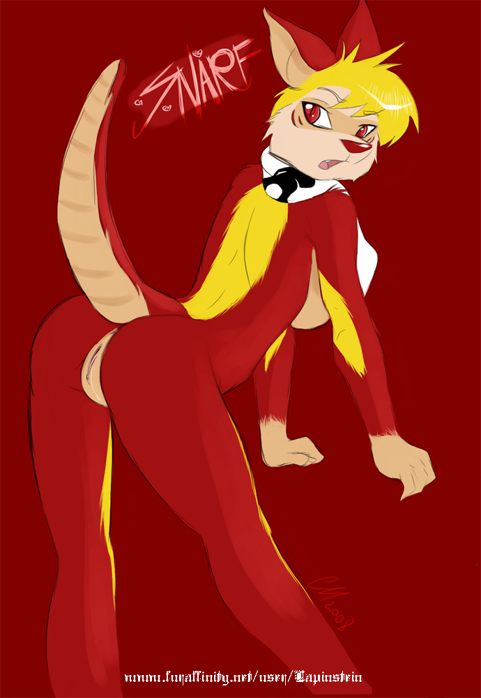 anthro anthrofied anus biped blonde_hair breasts crossgender female genitals hair presenting pussy raised_tail red_eyes side_boob solo tail lapinstein thundercats thundercats_1985 snarf snarf_(species)