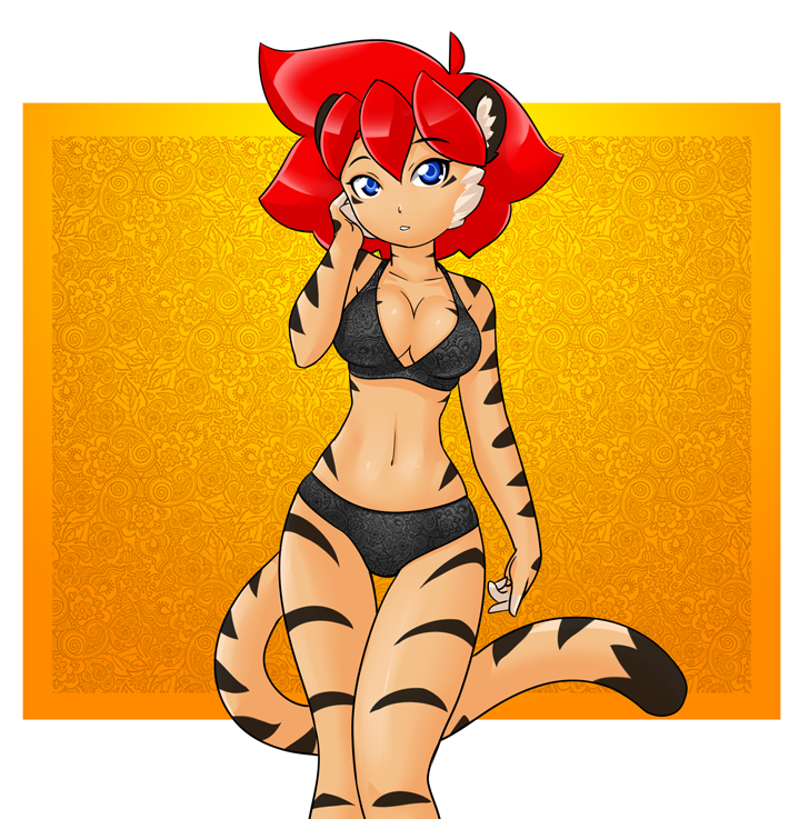 anthro black_bra black_clothing black_lingerie black_panties black_stripes black_underwear blue_eyes bra breasts clothing female fur hair hand_on_face lingerie looking_at_viewer orange_body orange_fur panties red_hair solo stripes underwear nekonny caribbean_blue tina_(caribbean_blue) felid mammal pantherine tiger