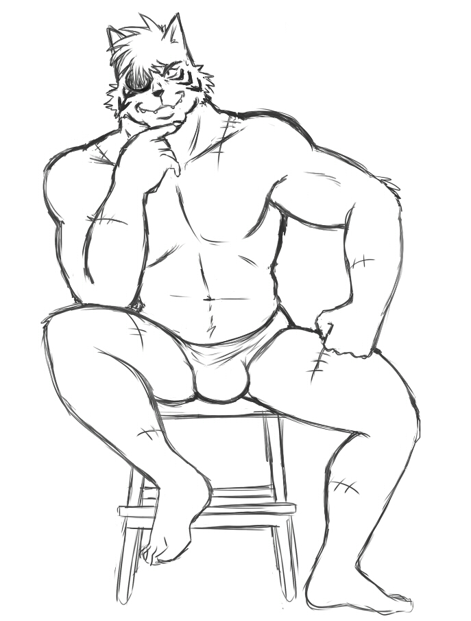 anthro briefs bulge clothing furniture hand_on_chin male muscular muscular_anthro muscular_male scar simple_background sitting solo stool underwear white_background thegreatmatsutzu drakuun dard felid mammal black_and_white monochrome