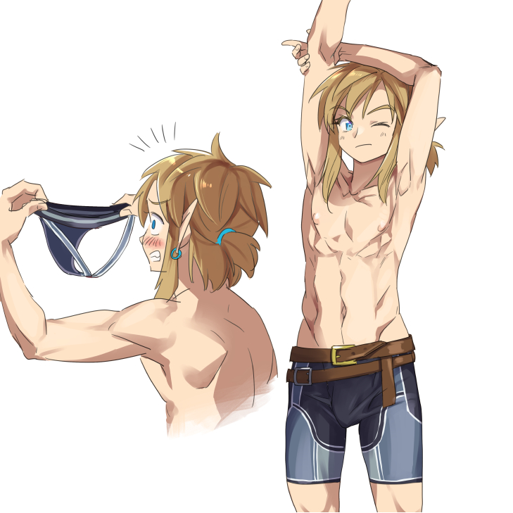 belt blonde_hair blue_eyes bulge clothing ear_piercing ear_ring hair humanoid_pointy_ears light_body light_skin male muscular muscular_humanoid muscular_male not_furry piercing pointy_ears ponytail ring_piercing simple_background solo stretching surprised_expression thong underwear monbetsu_kuniharu nintendo the_legend_of_zelda link elf humanoid hylian 1:1 2023