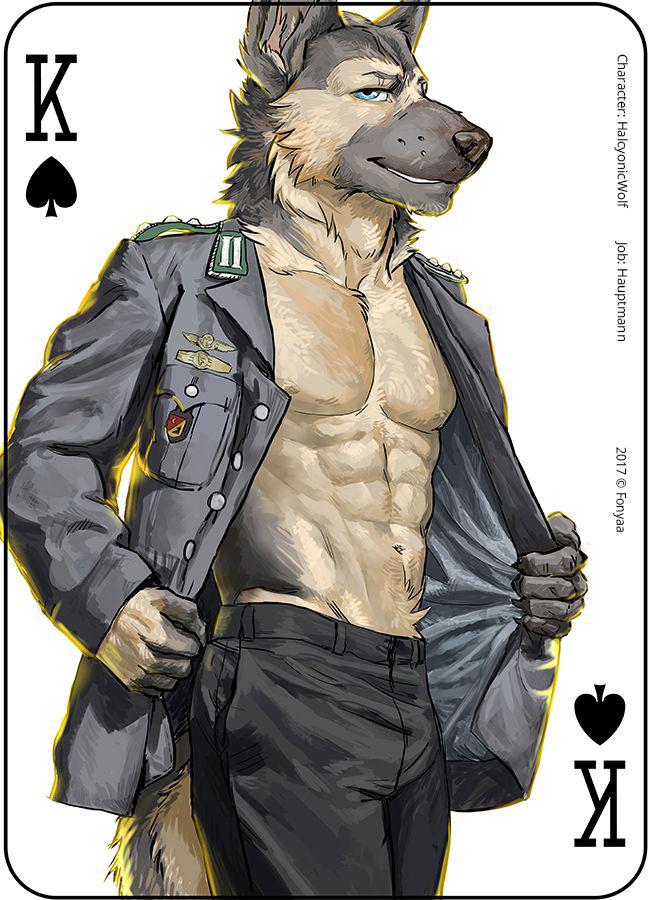 abs army blue_eyes clothed clothing copyright_symbol fur german king_of_spades looking_at_viewer male military_uniform muscular muscular_male open_clothing open_shirt open_topwear seductive shirt smile solo spades_(suit) suit_symbol symbol topwear undressing uniform fonyaa hauptmann_meade canid canine canis domestic_dog german_shepherd herding_dog mammal pastoral_dog