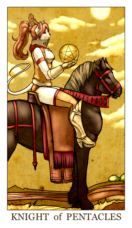 ambiguous_gender anthro armor biped black_body black_fur breasts bridle brown_hair card card_template clothed clothing cloud duo female feral fortune_telling fur gauntlets gloves grey_hair hair handwear inner_ear_fluff knight knight_of_pentacles_(tarot) minor_arcana occult_symbol outside pentacle pentacles_(tarot) quadruped reins riding saddle side_boob sky sun symbol tarot tarot_card tuft warrior white_body white_fur feralise faith_(nikara) equid equine horse mammal mouse murid murine rodent