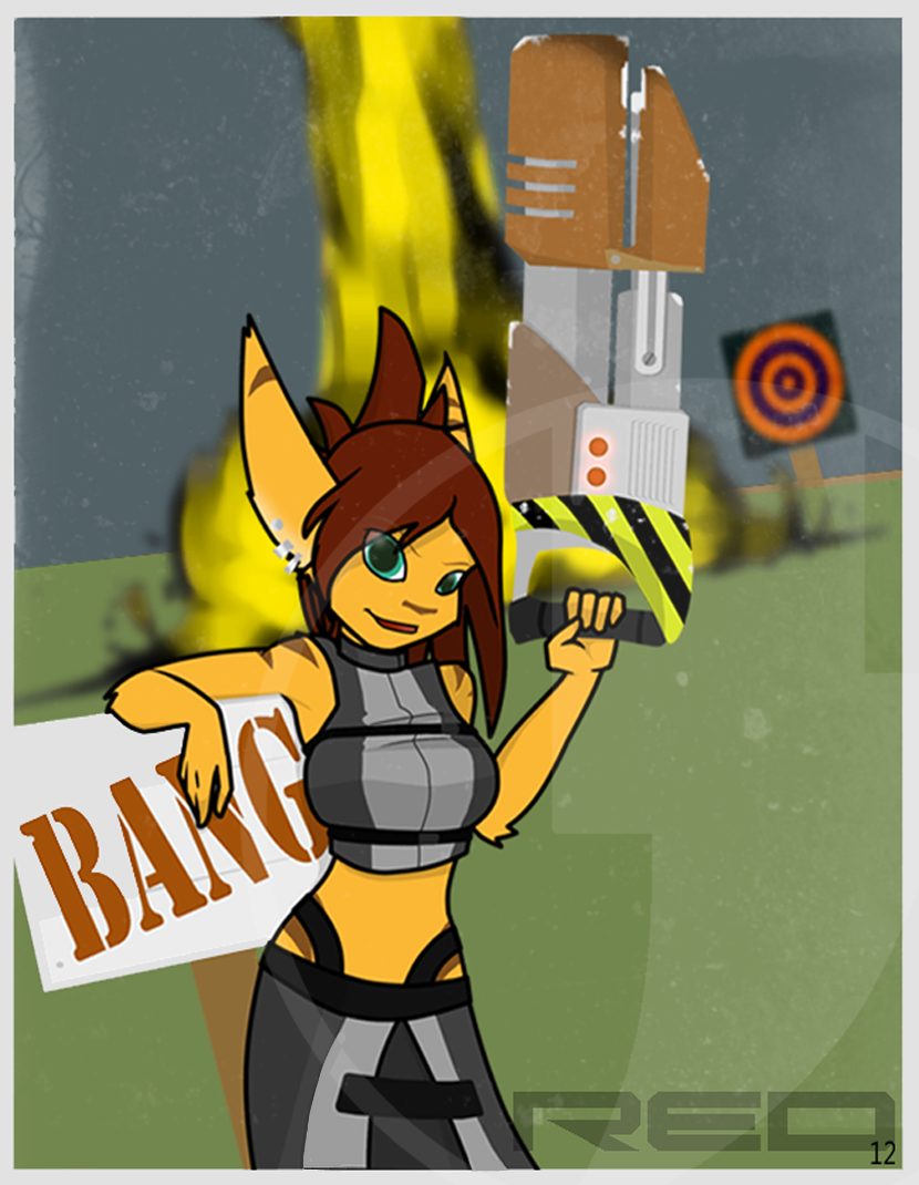 anthro clothing dress explosion female green_eyes gun ranged_weapon solo stripes weapon eightysix ratchet_and_clank sony_corporation sony_interactive_entertainment red_(eightysix) lombax mammal